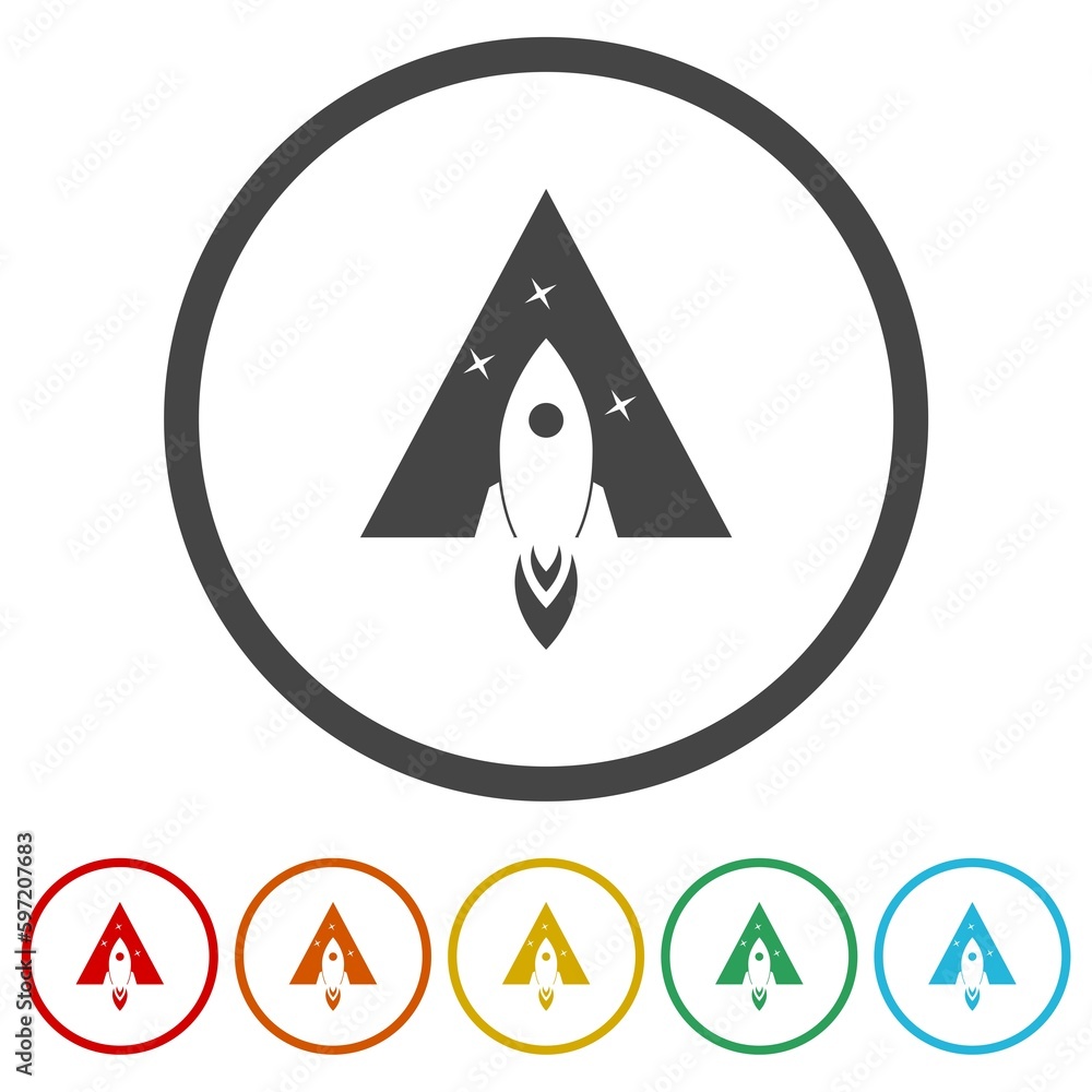 Poster triangle rocket logo. set icons in color circle buttons