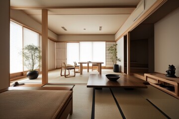 Fototapeta na wymiar modern japanese style interior with sleek design and minimalist details, created with generative ai