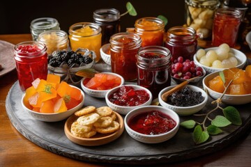 Fototapeta na wymiar plate of homemade preserves, including jams and jellies, in variety of flavors, created with generative ai