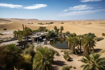oasis surrounded by towering dunes and desert landscape, created with generative ai