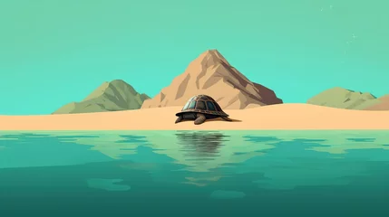 Fototapeten A sea turtle crawling on the sandy beach with a mountain in the background. Ai generated. © Abstractartfactory