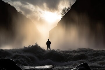 dramatic waterfall scene with person standing in the foreground, silhouetted against the rushing water, created with generative ai