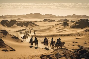 nomadic tribe traveling across vast, desert landscape, created with generative ai