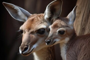 kangaroo mother and child in close embrace, with the young kangaroo's head visible, created with generative ai