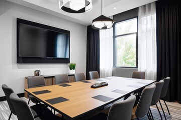 Fototapeta premium modern meeting room with sleek furniture, windows, and projector screen, created with generative ai