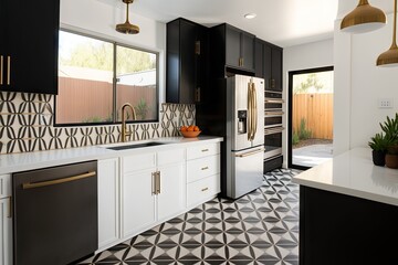 mid-century modern kitchen, with sleek black and white cabinets and retro tile backsplash, created with generative ai