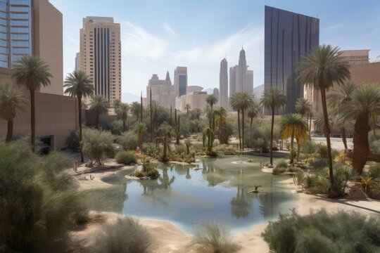 desert oasis in the midst of a bustling city, with towering skyscrapers and traffic visible in the background, created with generative ai