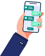 Hand holding phone with chat message. Chat with friends and send messages.information exchange