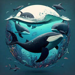 Whale and underwater fish illustration for World Oceans Day. Nautical animals on blue background. Generative AI