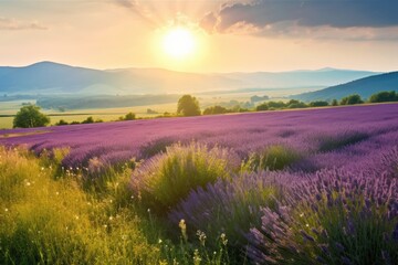 Fototapeta premium lavender field with view of rolling hills, sunlight shining through the fragrant blooms, created with generative ai