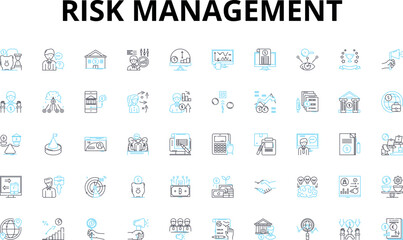 Risk management linear icons set. Probability, Uncertainty, Mitigation, Contingency, Hazards, Vulnerability, Security vector symbols and line concept signs. Resilience,Exposure,Loss illustration