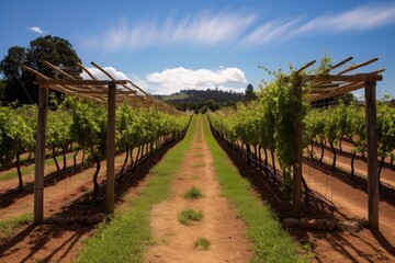 vineyard with row of trellises, perfect for growing vines, created with generative ai