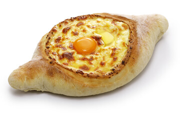 homemade adjaruli khachapuri ( A boat-shaped traditional cheese bread from the Adjara region of Georgia ) isolated on white background