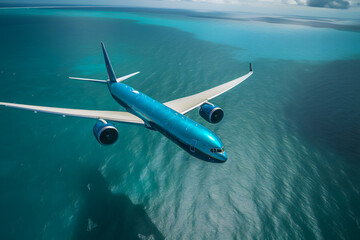 Fototapeta premium Travel concept with airplane shadow landing over water and tropical beach aerial view. Tropical paradise and beach holiday. Generative AI