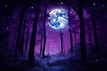 dark purple forest with moon and stars shining above, casting magical light, created with generative ai