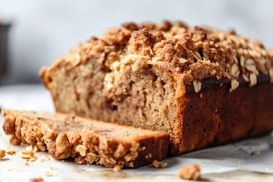 close-up of slice of gluten-free and vegan banana bread, with cinnamon streusel topping, created with generative ai