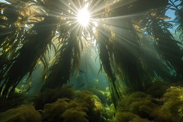 Obraz premium kelp forest with schools of fish swimming among the fronds, created with generative ai