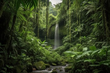 majestic waterfall cascading into lush jungle valley, created with generative ai