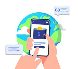 Hand holding mobile phone with mobile payments.global transactions for websites and banner