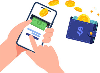 Hand holding mobile phone for mobile banking and online payment. global transactions