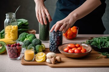 person, preparing smoothie with various fruits and nutritional supplements, created with generative ai