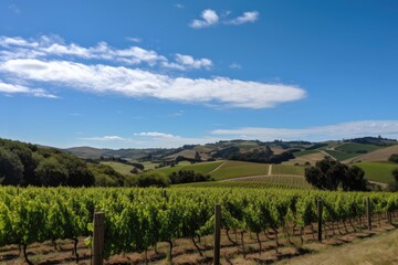 Fototapeta na wymiar vineyard with rolling hills and blue sky in the background, created with generative ai