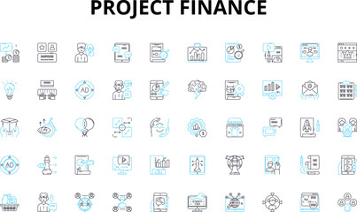 Project finance linear icons set. Funding, Investment, Capital, Risk, Debt, Equity, Cashflow vector symbols and line concept signs. Infrastructure,Renovation,Lending illustration