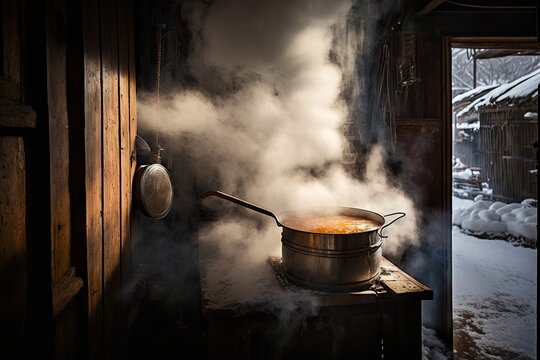 steam rises from maple sap evaporator, bringing warmth to the kitchen, created with generative ai