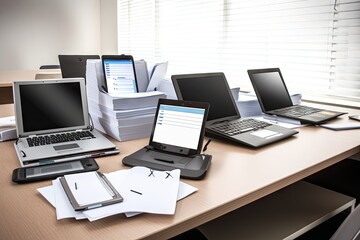paperless office environment with multiple electronic devices, including laptops and tablets, created with generative ai