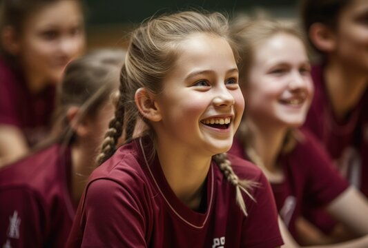 Candid shot of a girls basketball team, radiating fun, vitality, and the spirit of youth. Their energy and camaraderie capture the joy and excitement of playing together, generative ai