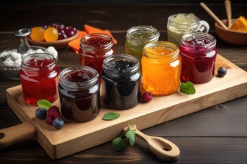 homemade preserves of various flavors and colors displayed on wooden board, created with generative ai