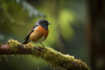 male redstart bird perching on branch, with view of forest canopy, created with generative ai