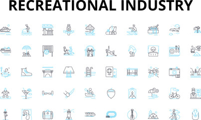 Recreational industry linear icons set. Adventure, Leisure, Entertainment, Amusement, Relaxation, Fun, Excitement vector symbols and line concept signs. Travel,Activities,Attractions illustration