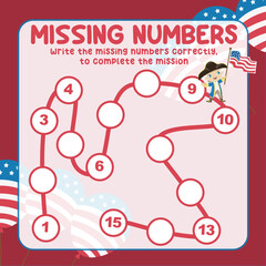 Missing numbers. Write the answer correctly. Educational printable math worksheet. Count and write activity. Counting practice. Vector file.