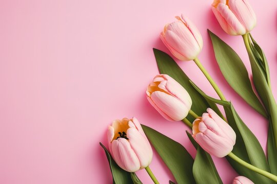 Fleurs de tulipes printanières sur fond rose vue de dessus dans un style plat. Ai générative 