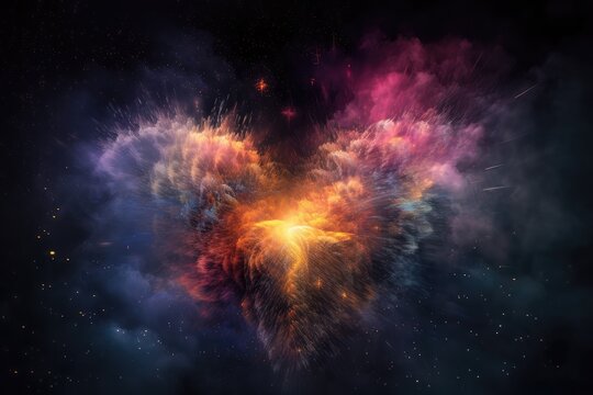 close-up of a nebula heart, with bursts of colorful light and stars in the background, created with generative ai