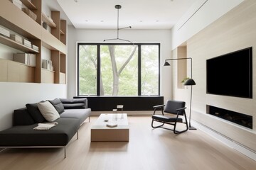 living room with minimalist decor, sleek furniture, and hidden storage, created with generative ai