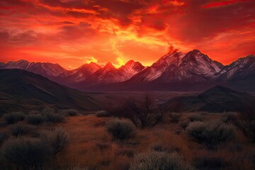 Naklejka na ściany i meble majestic mountain range against a fiery sunset sky, created with generative ai