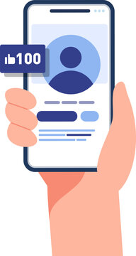 Hand holding mobile phone with Social media app. like, follower, comment.