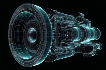 A image of a blue wireframe of a jet engine on black background. Digital twin technology. Generative AI
