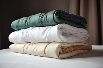 stack of fresh linens, ready to be used in guest room or hotel, created with generative ai