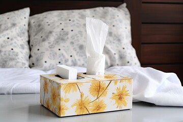 box of tissues and nasal spray on bedside table, created with generative ai