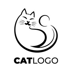 elegant art cat logo silhouette illustration with big tail