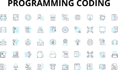Programming coding linear icons set. Syntax, Algorithms, Debugging, Variables, Loops, Functions, Classes vector symbols and line concept signs. Libraries,Platforms,Development illustration