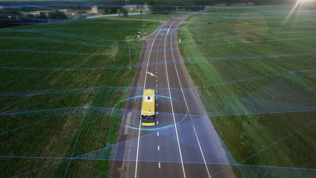 AI remotely controls the autonomous self-driving bus scans road with sensors. HUD element visualization. Concept of a smart passenger transportation and selfdriving public transport of the future. 4k