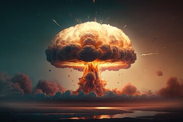 close-up of nuclear bomb blast, with smoke and flames rising into the sky, created with generative ai
