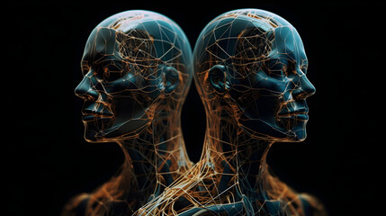 A digital illustration of two human heads. Concept of digital twin. Generative AI