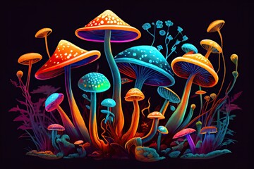 magic mushroom garden with different species of mushrooms growing in variety of colors, created with generative ai - obrazy, fototapety, plakaty