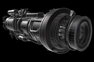 A black and white image of a large engine on dark background. Digital twin technology. Generative AI
