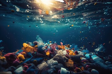 Fototapeta na wymiar microplastic particles floating in ocean, creating a toxic soup for marine life, created with generative ai